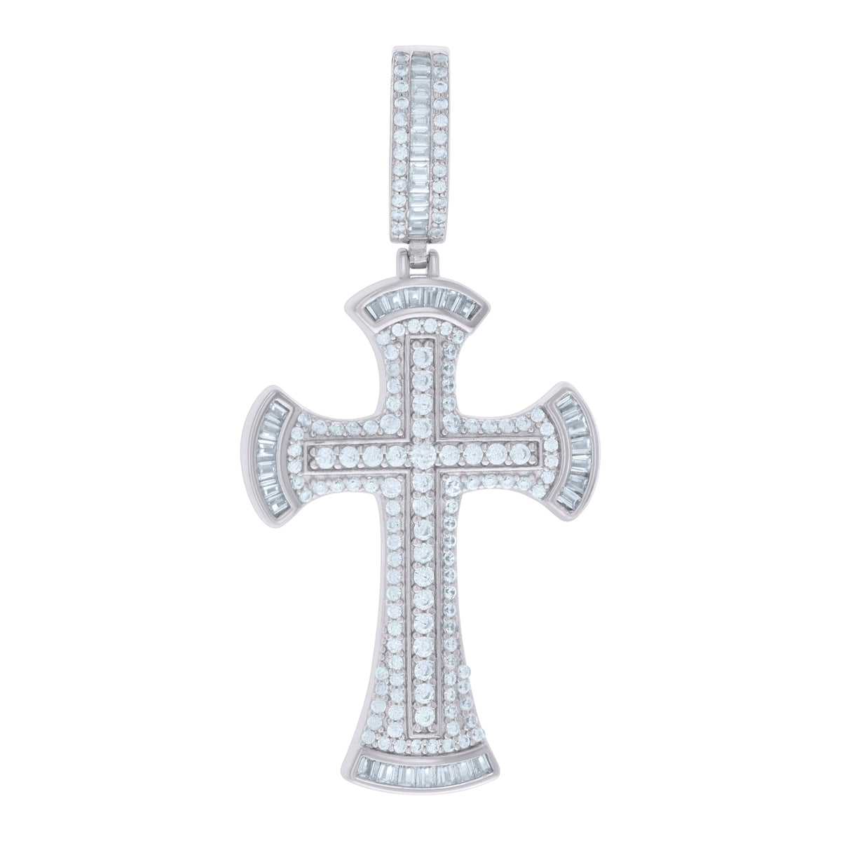 925 Sterling Silver Mens Baguette Round Cubic-Zirconia Cross Religious Charm Pendant