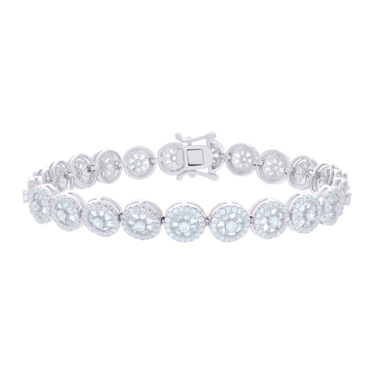 925 Sterling Silver Womens Baguette Round Cubic-Zirconia Fashion Link Bracelet 7