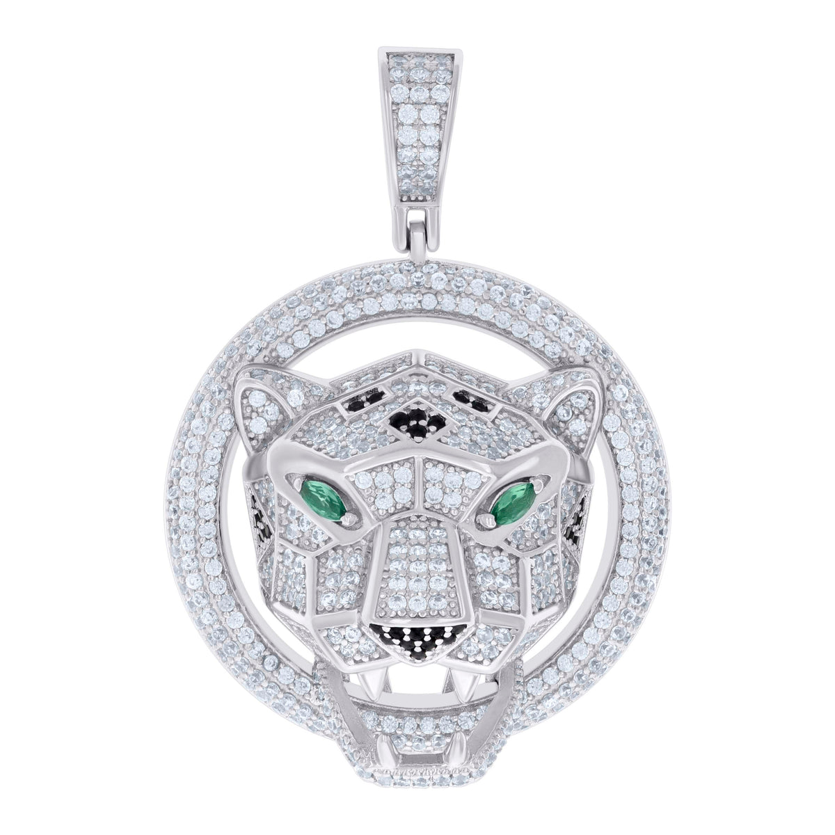 925 Sterling Silver Mens Green/Black White Marquise Round Cubic-Zirconia Panther Head Animal Pendant