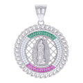 925 Sterling Silver Mens Pink/Green White Cubic-Zirconia Medallion Guadalupe Religious Charm Pendant