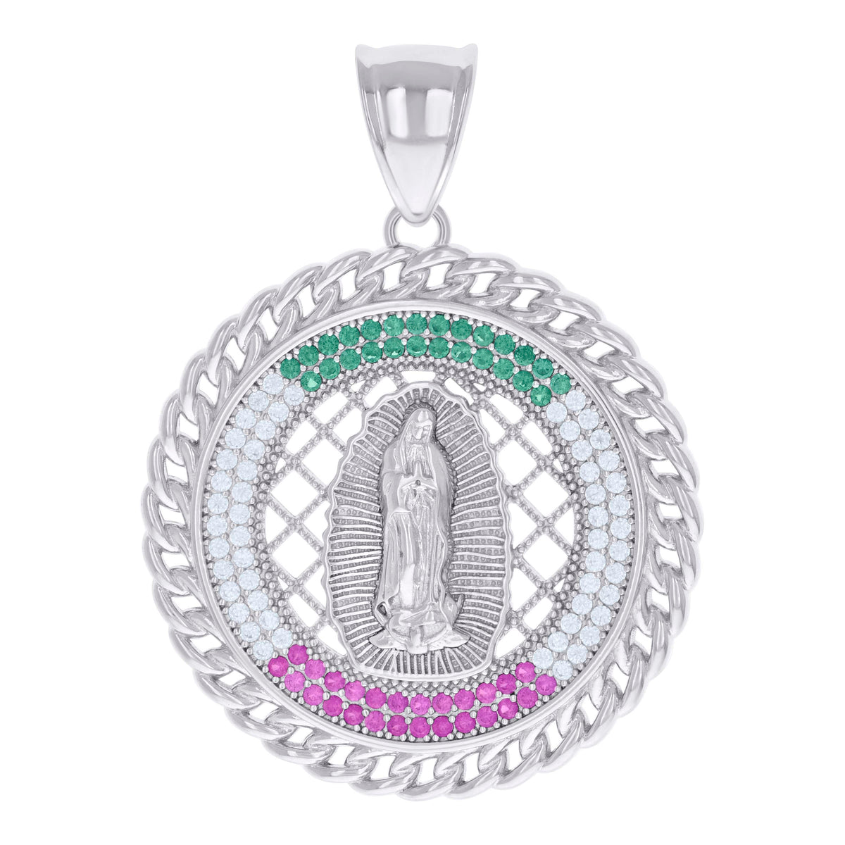 925 Sterling Silver Mens Pink/Green White Cubic-Zirconia Medallion Guadalupe Religious Charm Pendant