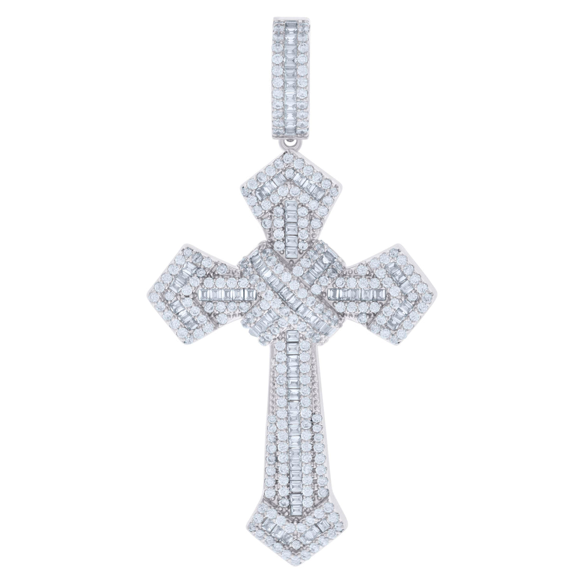 925 Sterling Silver Mens Baguette Round Cubic-Zirconia Cross Religious Charm Pendant