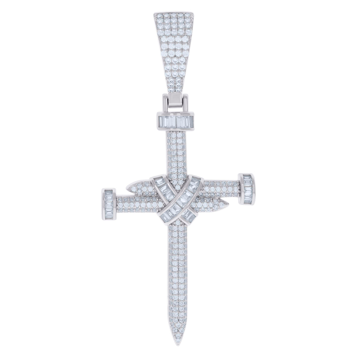 925 Sterling Silver Mens Baguette Round Cubic-Zirconia Nail Cross Religious Charm Pendant
