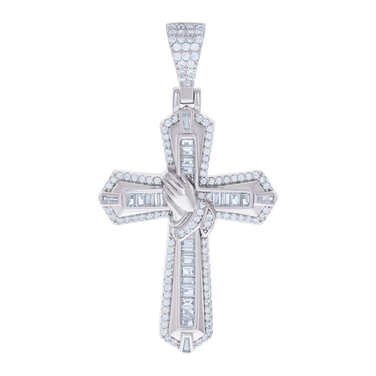 925 Sterling Silver Mens Baguette Round Cubic-Zirconia Praying Hands Cross Religious Charm Pendant