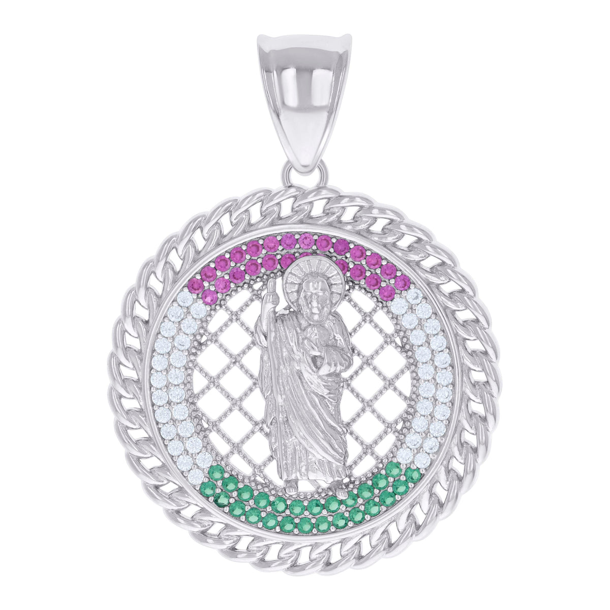 925 Sterling Silver Mens Pink/Green White Cubic-Zirconia St. Jude Saints Religious Charm Pendant