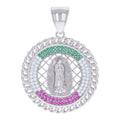 925 Sterling Silver Mens Pink/Green White Cubic-Zirconia Guadalupe Religious Charm Pendant