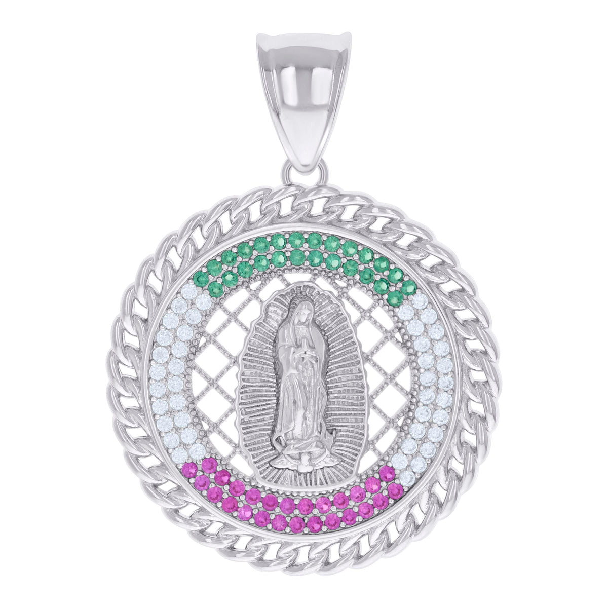 925 Sterling Silver Mens Pink/Green White Cubic-Zirconia Guadalupe Religious Charm Pendant