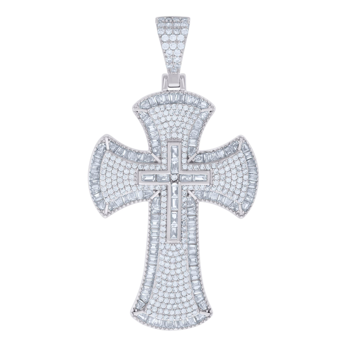 925 Sterling Silver Mens Baguette Round Cubic-Zirconia Cross Religious Charm Pendant