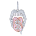 925 Sterling Silver Rose-tone Womens White Pink Cubic-Zirconia Sexy Mouth Dollar Tongue Currency Charm Pendant