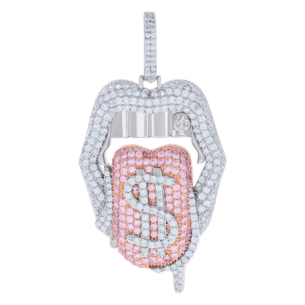 925 Sterling Silver Rose-tone Womens White Pink Cubic-Zirconia Sexy Mouth Dollar Tongue Currency Charm Pendant