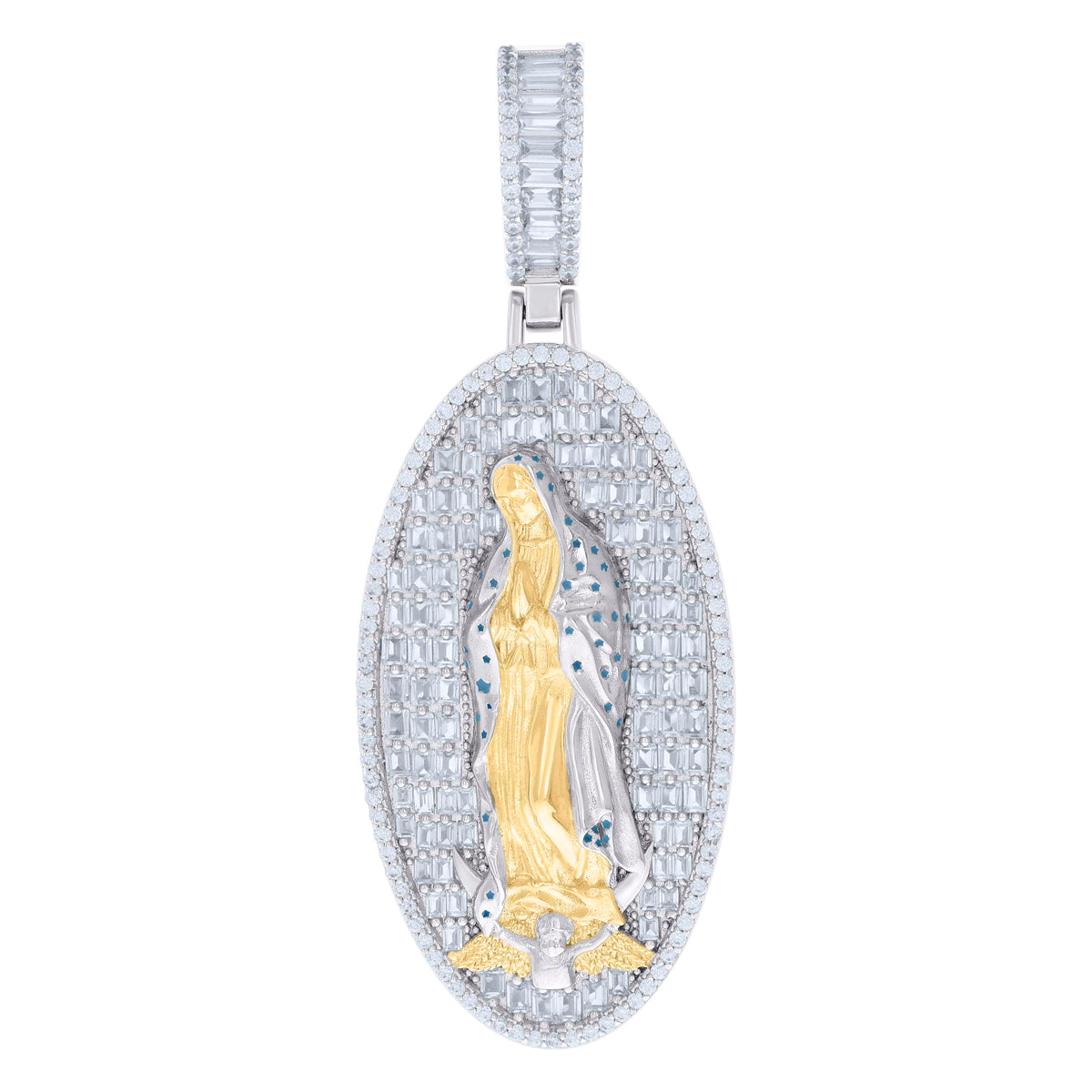 925 Sterling Silver Yellow-tone -tone Mens Baguette Round Cubic-Zirconia Blue Enamel Guadalupe Religious Charm Pendant