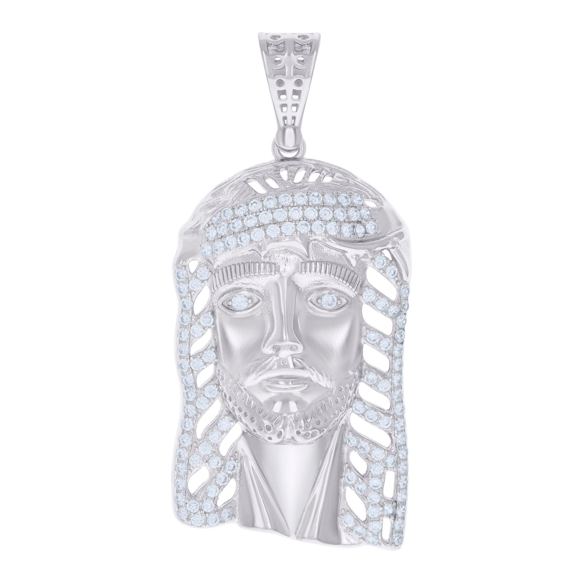 925 Sterling Silver Mens Round Cubic-Zirconia Jesus Religious Charm Pendant