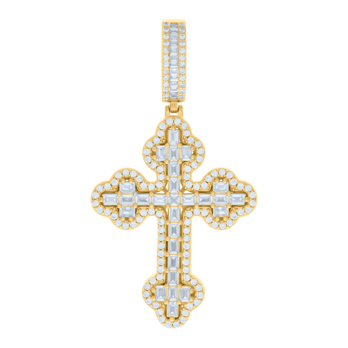 925 Sterling Silver Yellow-tone Mens Baguette Round Cubic-Zirconia Cross Religious Charm Pendant