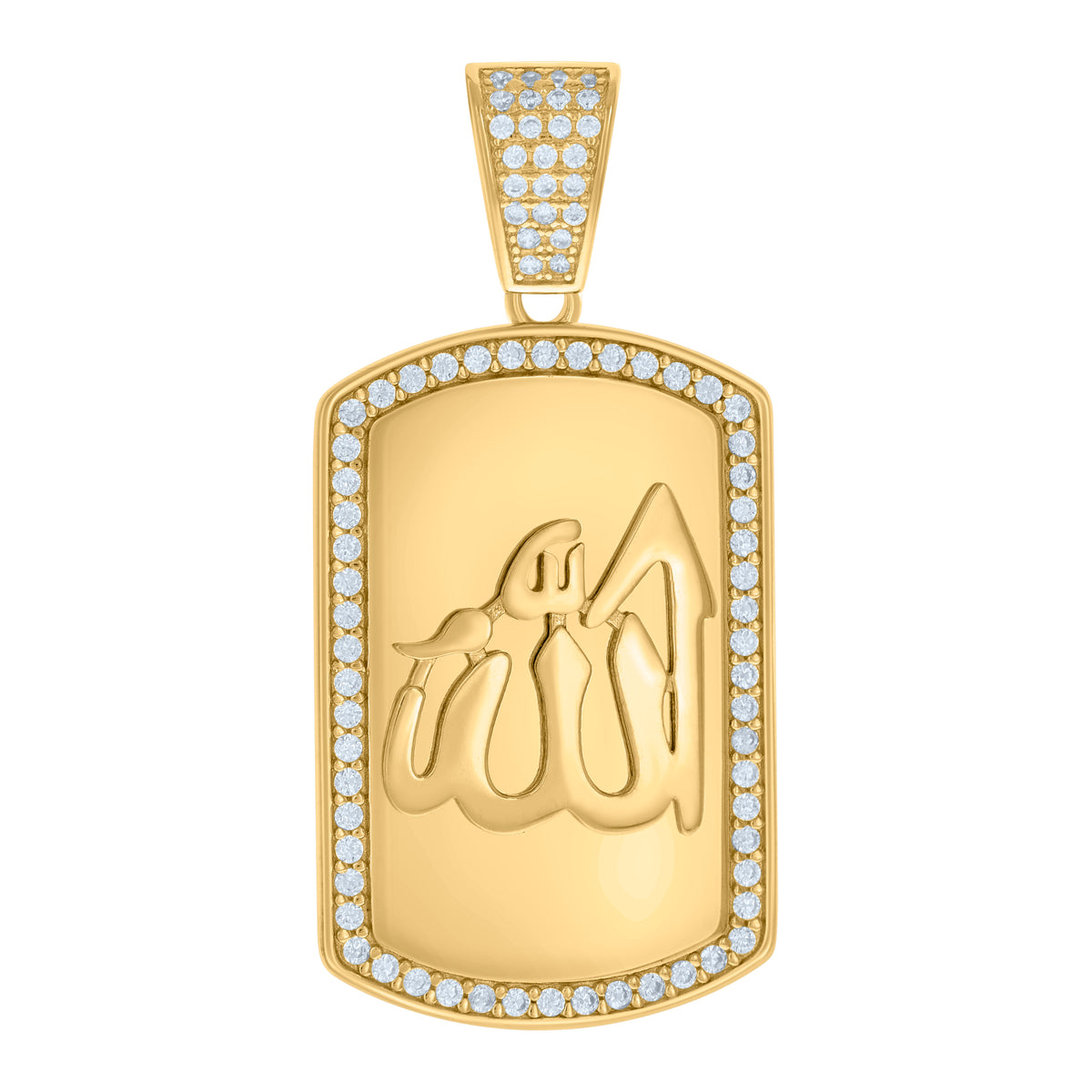 925 Sterling Silver Yellow-tone Mens Cubic-Zirconia ALLAH Dogtag Symbol Religious Charm Pendant