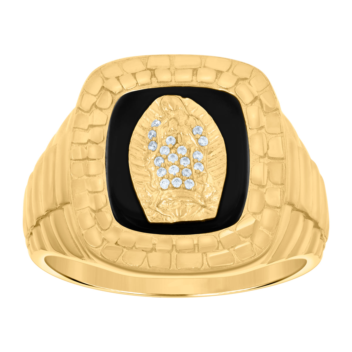 14K Yellow Gold Mens Cubic Zirconia Onyx Guadalupe/Mother Marry Religious Nugget Ring
