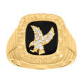 14K Yellow Gold Mens Cubic Zirconia Onyx Flying Eagle Birds Wildlife Nugget Ring
