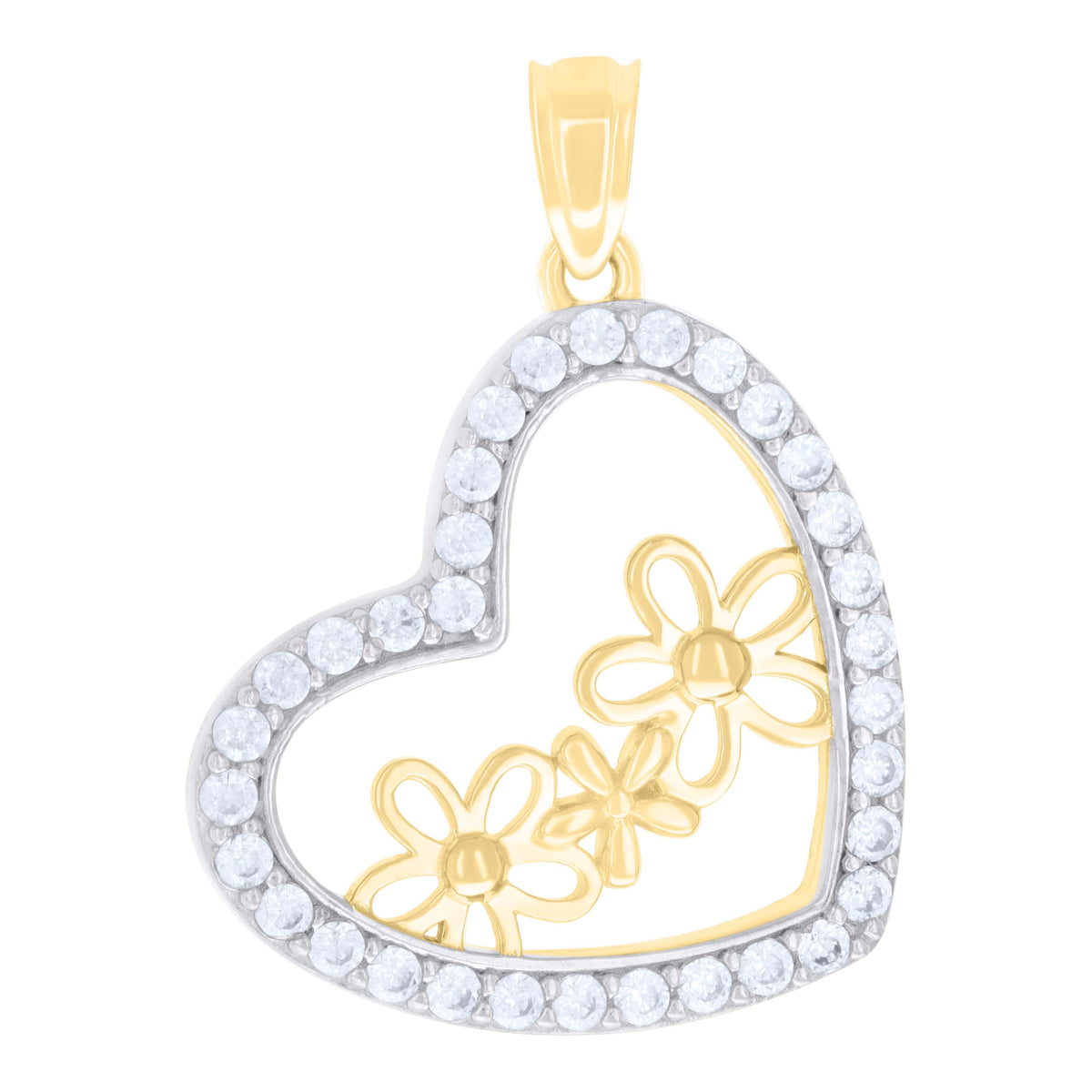 10K Two-tone Gold Womens Cubic-Zirconia Flowers Heart Charm Pendant