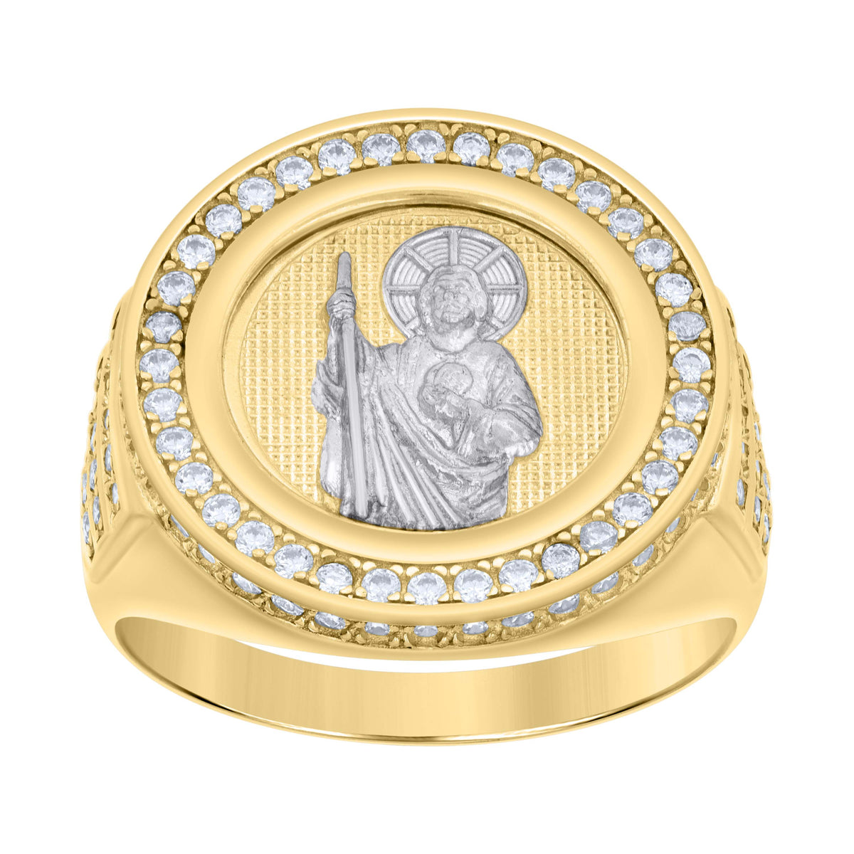 10K Two-tone Gold Mens Cubic-Zirconia St. Jude Religious Ring