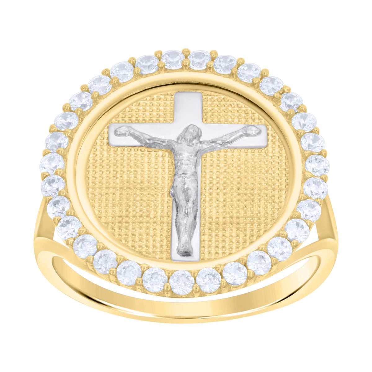 10K Two-tone Gold Womens Cubic-Zirconia Crucifix Cross Religious Ring