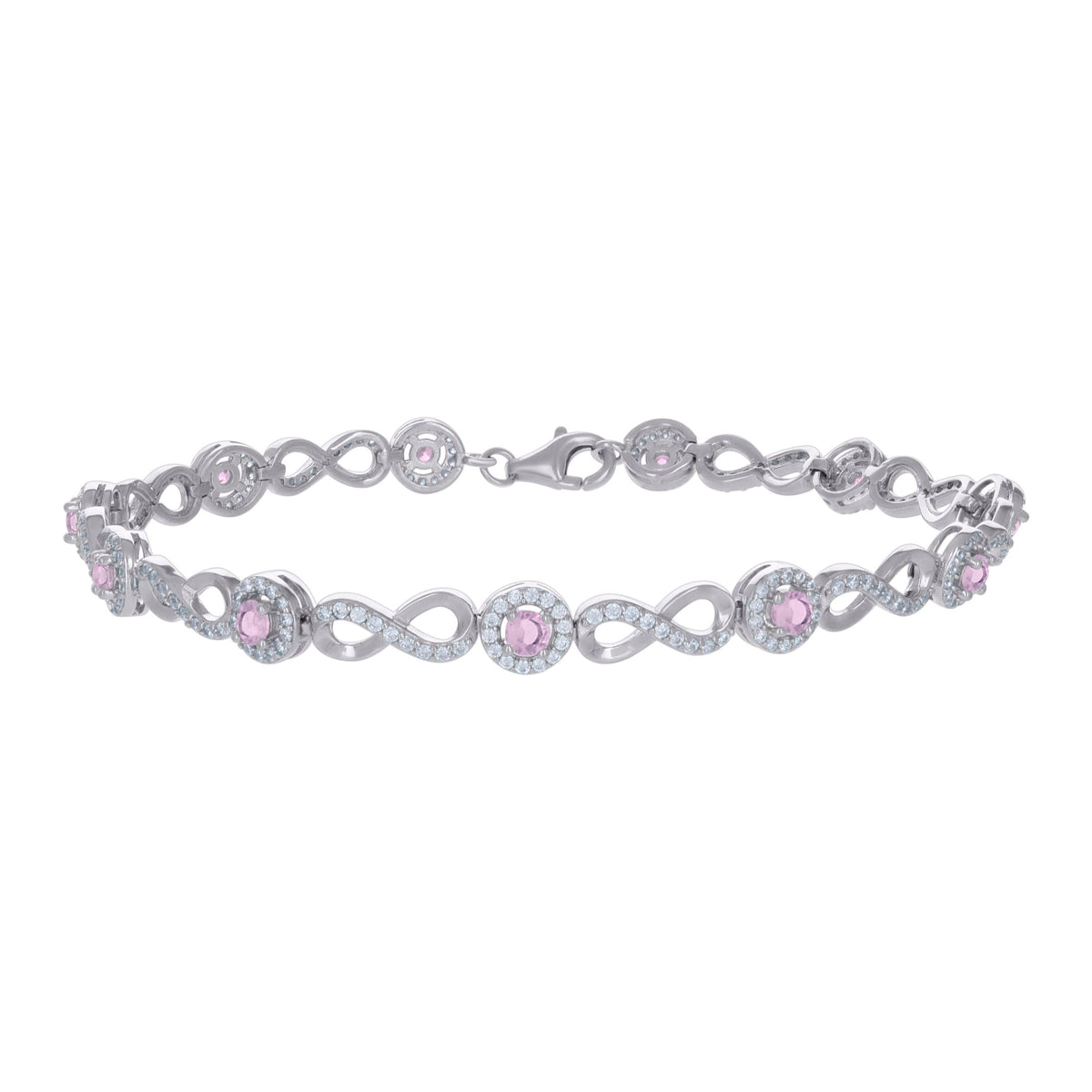 925 Sterling Silver Womens Pink White Cubic-Zirconia Infinity Tennis Bracelet