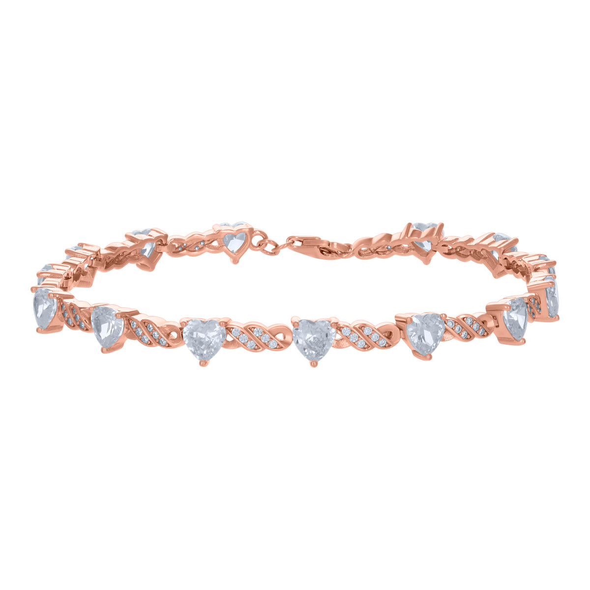 925 Sterling Silver Rose-tone Womens Heart Round Cubic-Zirconia Heart Tennis Bracelet