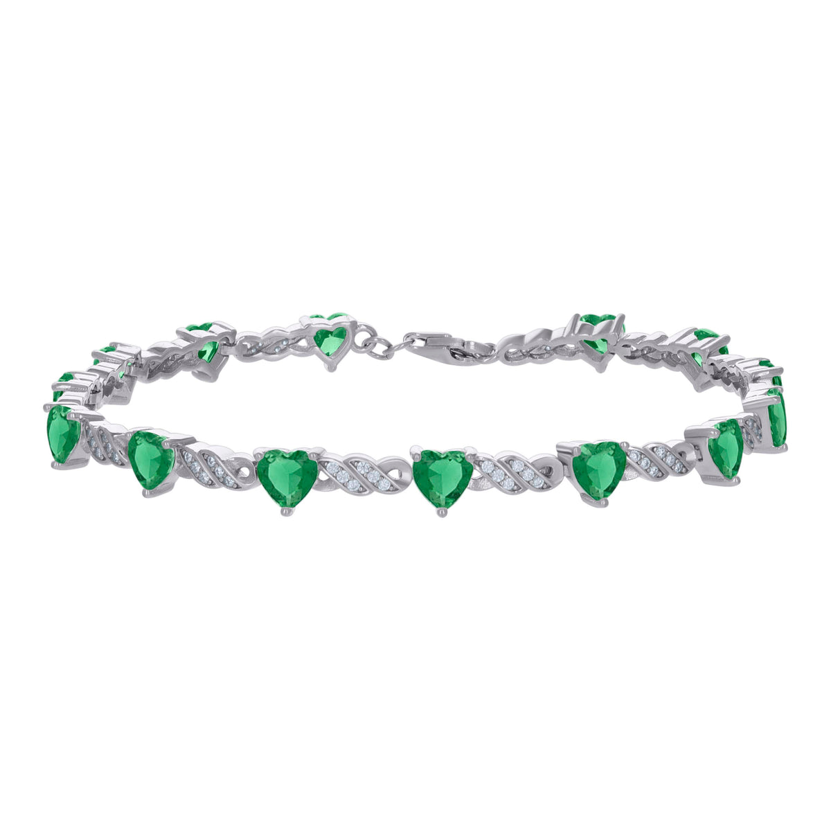 925 Sterling Silver Womens Green White Heart Round Cubic-Zirconia Heart Tennis Bracelet