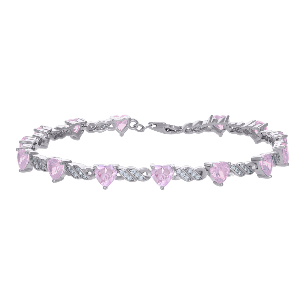 925 Sterling Silver Womens Pink White Heart Round Cubic-Zirconia Heart Tennis Bracelet