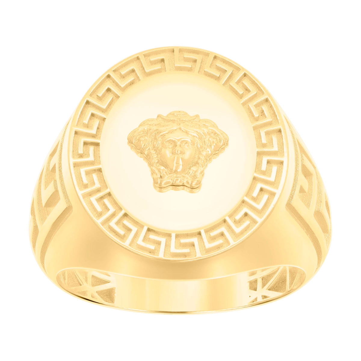 14K Yellow Gold Mens Greek Key Medusa Ring