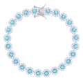 925 Sterling Silver Womens Blue White Cubic-Zirconia Flower Link Bracelet