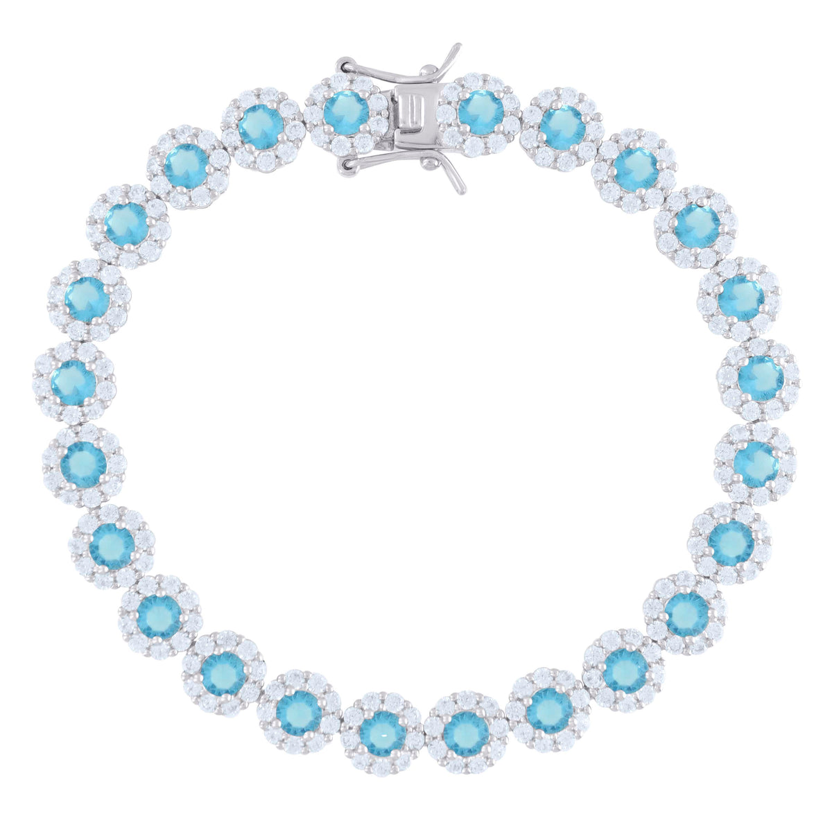 925 Sterling Silver Womens Blue White Cubic-Zirconia Flower Link Bracelet