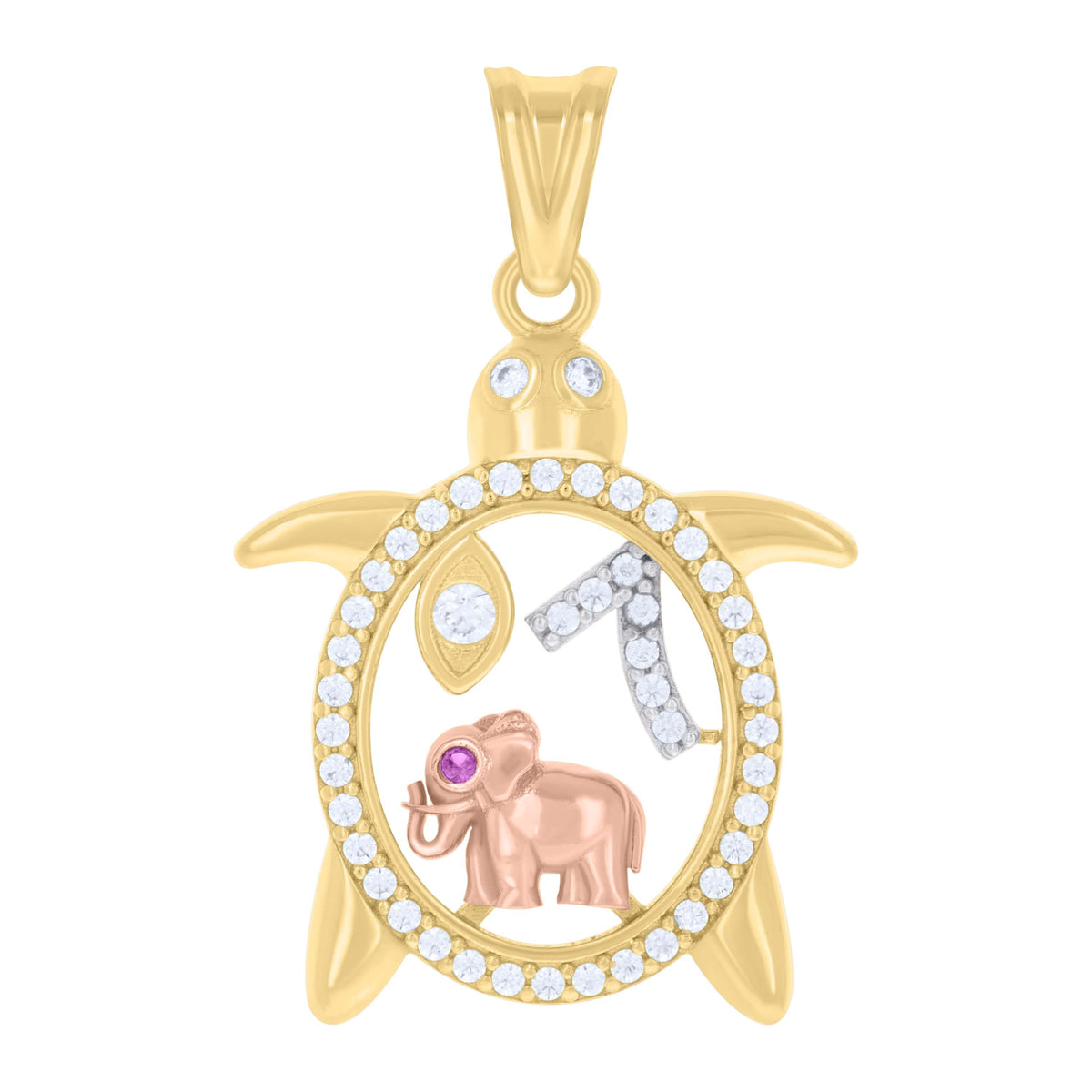 10K Tri-Color Gold Womens Cubic-Zirconia Turtle Elephant Evil Eye 7 Good Luck Charm Pendant