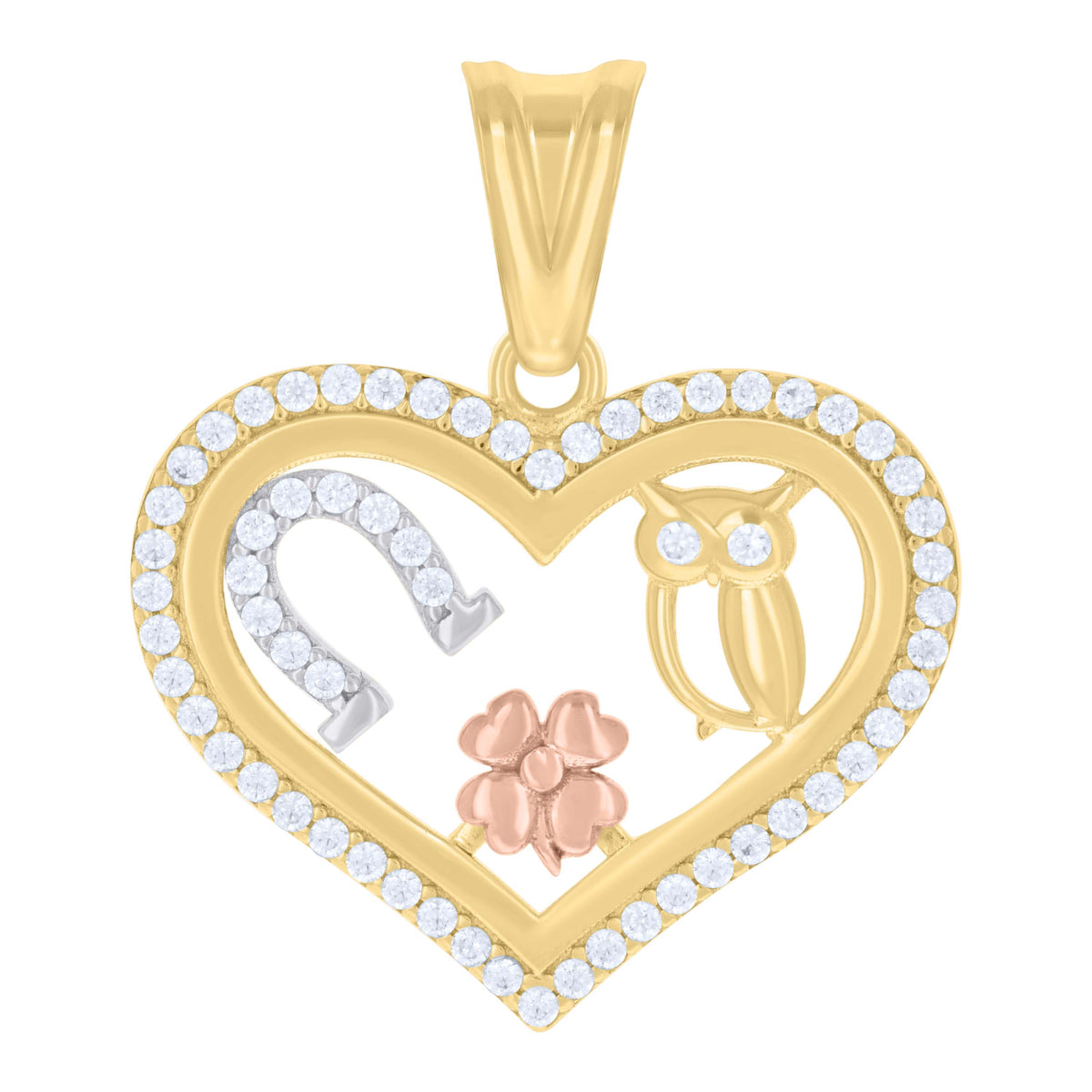 10K Tri-Color Gold Womens Cubic-Zirconia Owl Horseshoe Clover Heart Good Luck Charm Pendant