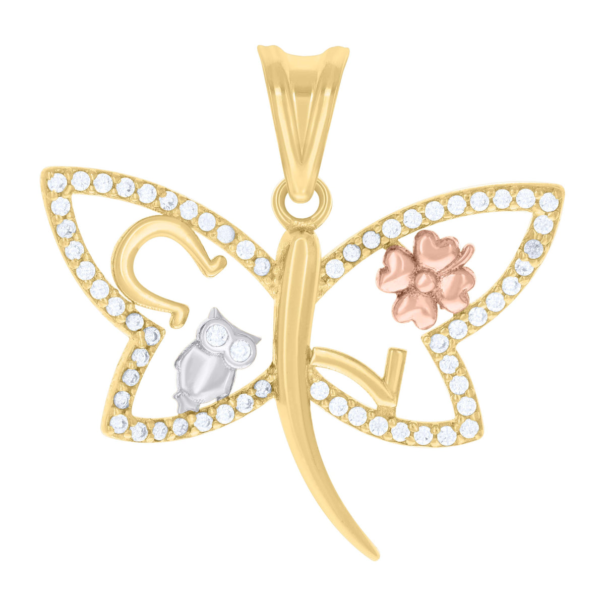 10K Tri-Color Gold Womens Cubic-Zirconia Butterfly Horseshoe Owl 7 Clover Good Luck Charm Pendant