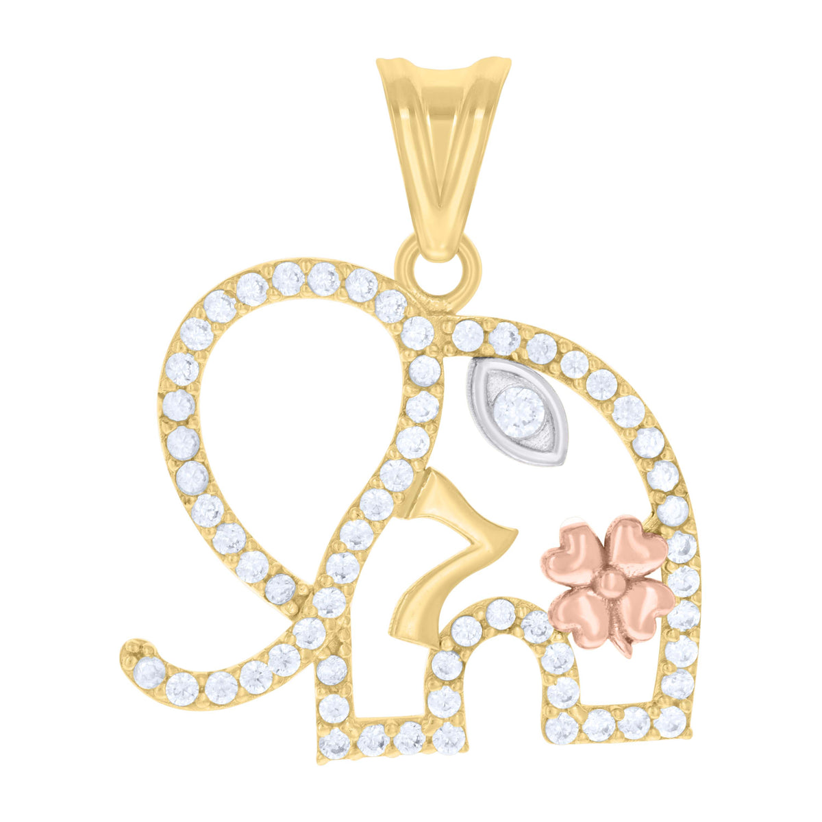 10K Tri-Color Gold Womens Cubic-Zirconia Elephant Evil Eye 7 Clover Good Luck Charm Pendant