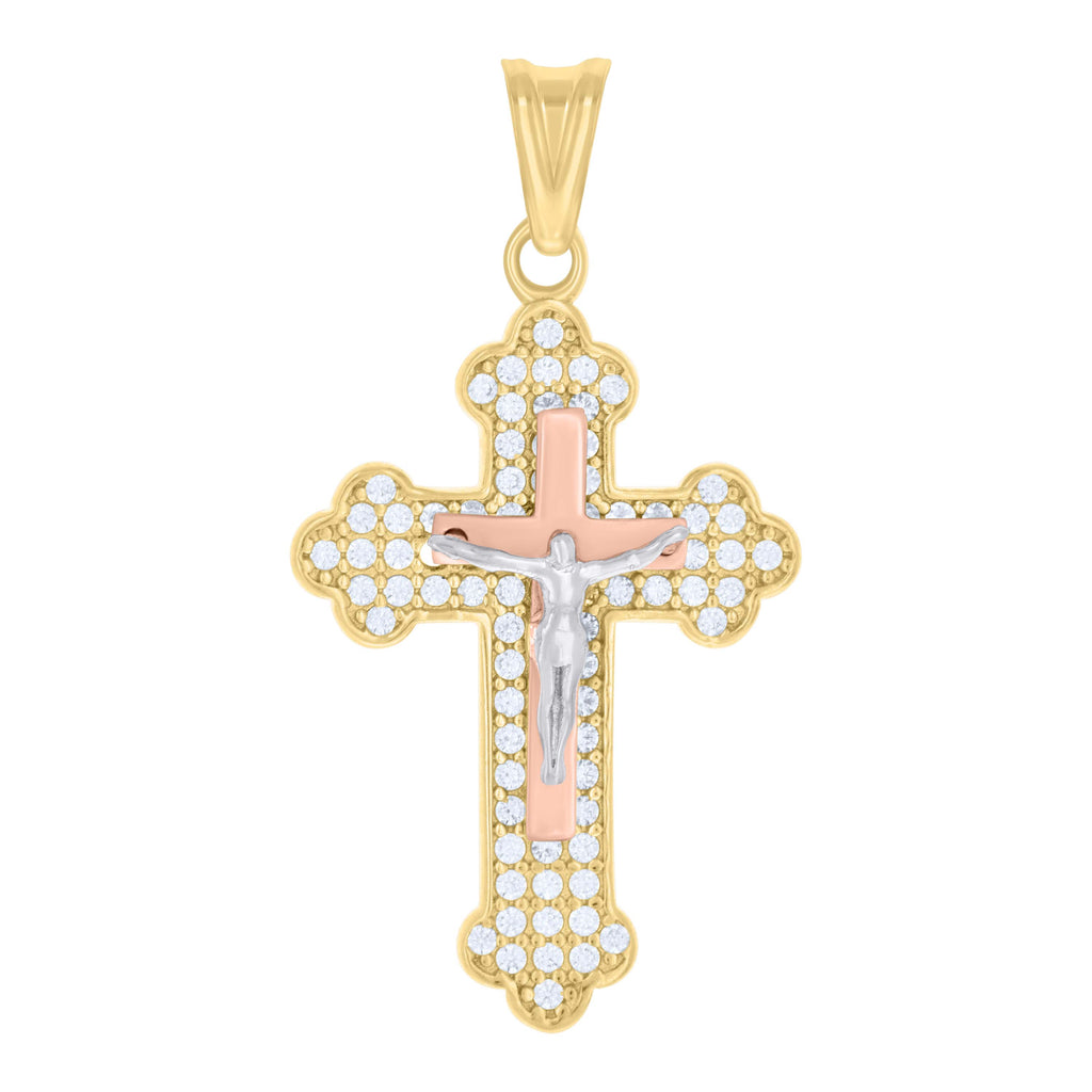 10K Tri-Color Gold Womens Cubic-Zirconia Crucifix Cross Religious Charm Pendant