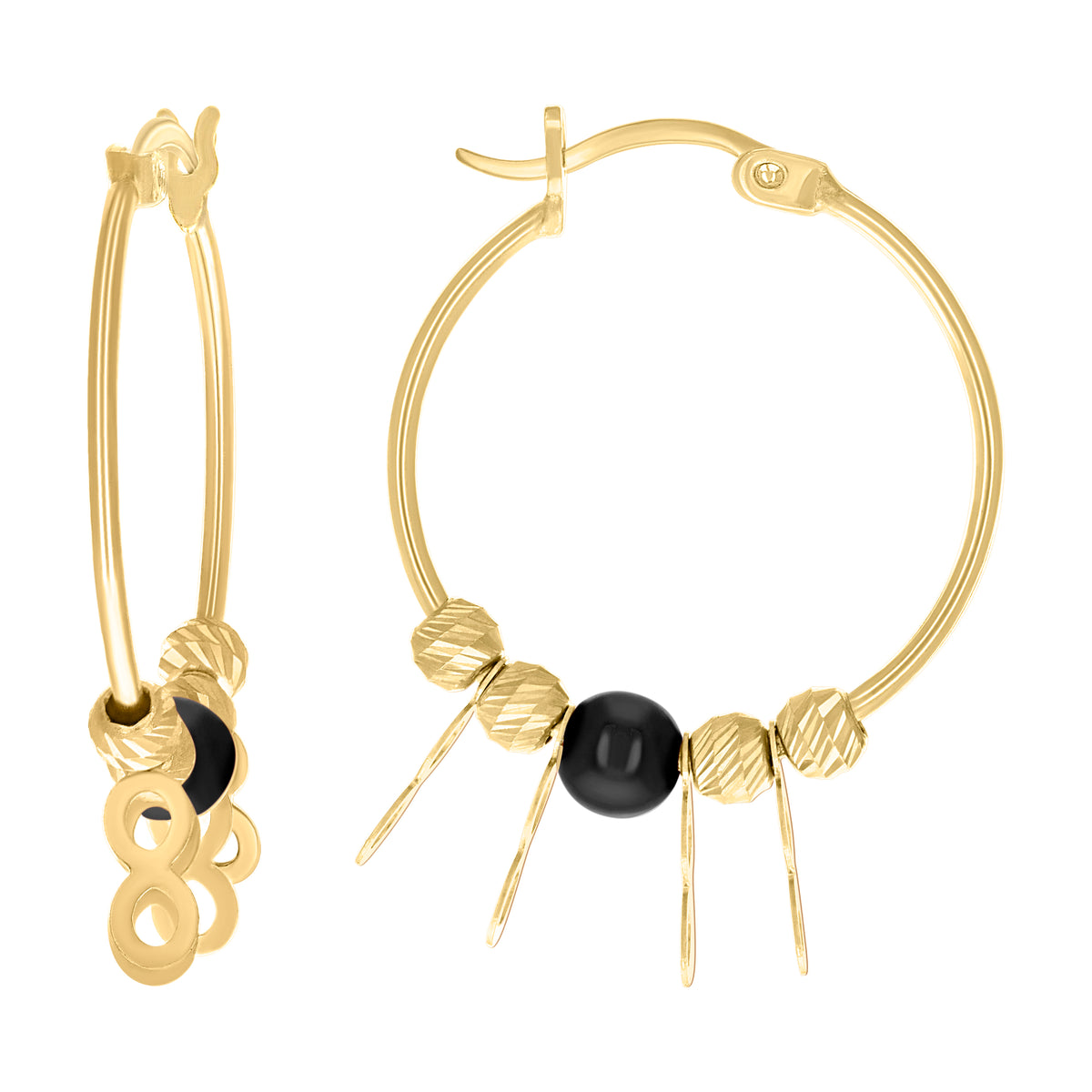 10K Yellow Gold Womens Infinity Black Beaded Hoop Earrings