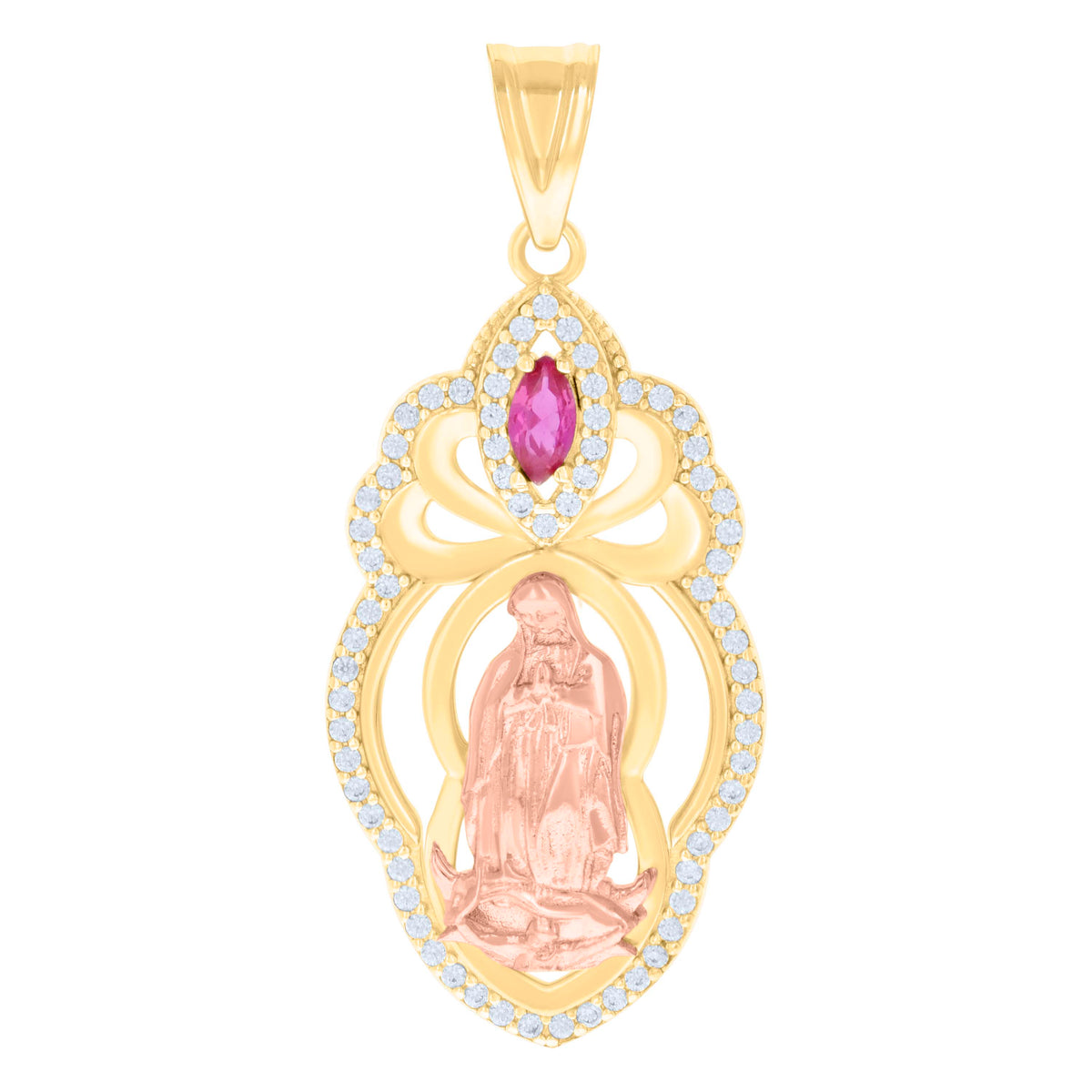 10K Two-tone Gold Womens Pink White Marquise Round Cubic-Zirconia Guadalupe Religious Charm Pendant