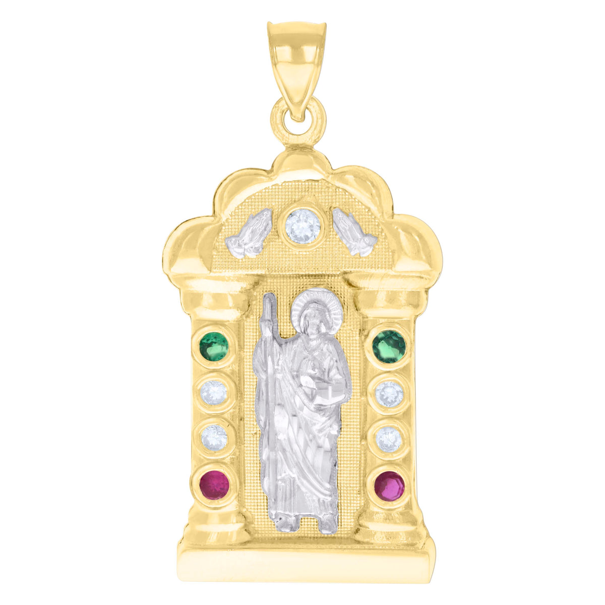 10K Two-tone Gold Mens Green/Purple White Cubic-Zirconia St. Jude Religious Charm Pendant