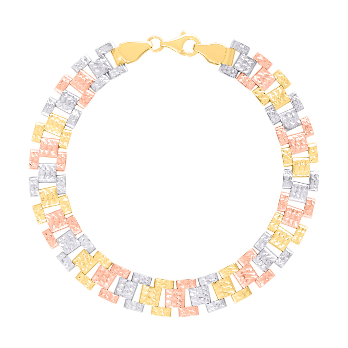 10K Tri-Color Gold Womens Diamond-Cut Fashion Link Bracelet Size 7.5 Inches
