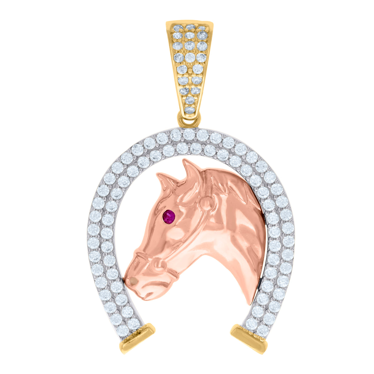 10K Two-tone Gold Mens Purple White Cubic-Zirconia Horse Head Horseshoe Good Luck Charm Pendant