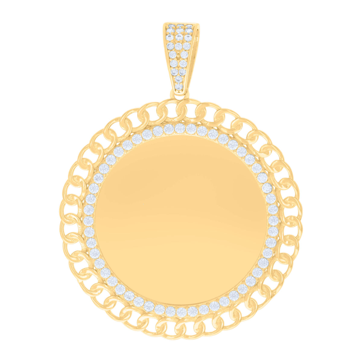 10K Yellow Gold Mens Cubic-Zirconia Cuban Border Round Photo Frame Charm Pendant