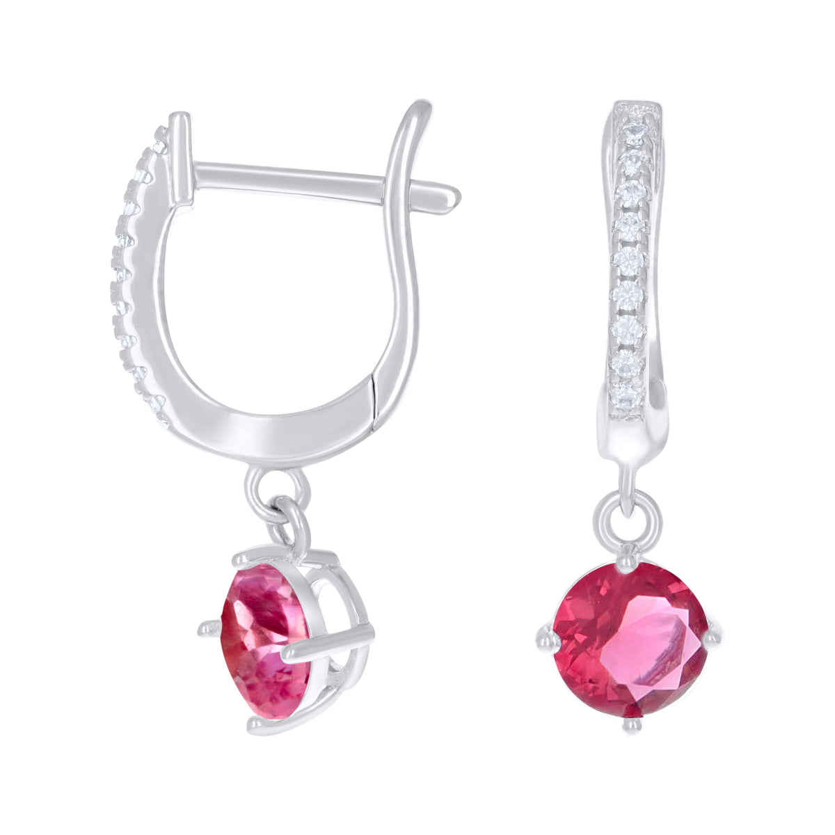 925 Sterling Silver Womens Red White Cubic-Zirconia Dangle Hoop Earrings