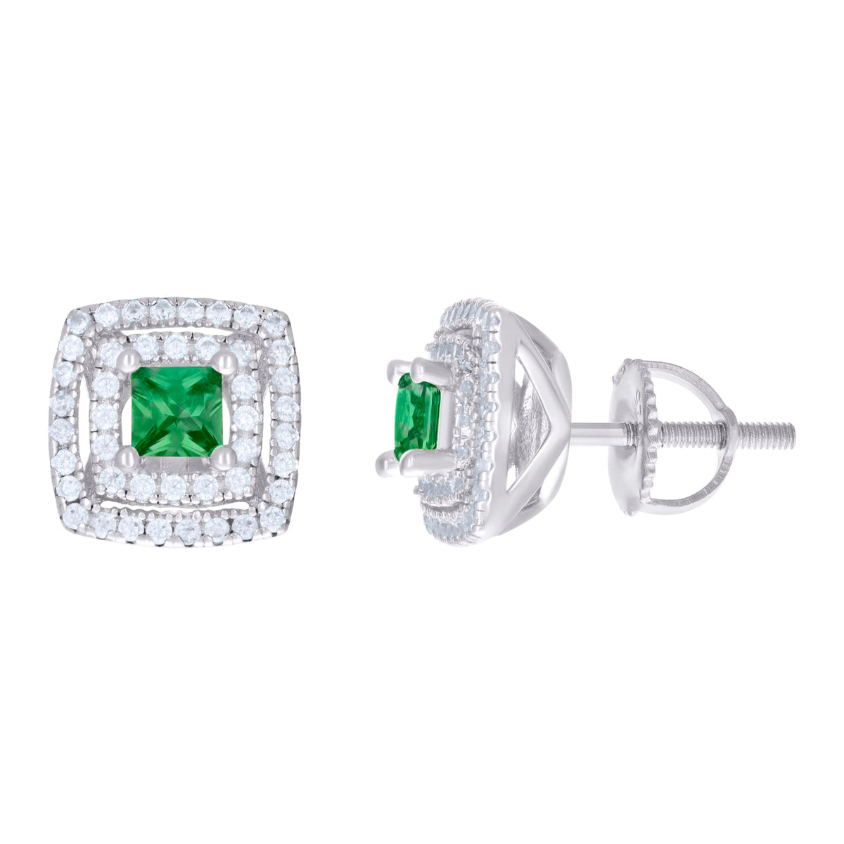 925 Sterling Silver Womens Green White Princess-Cut Round Cubic-Zirconia Square Fashion Stud Earrings