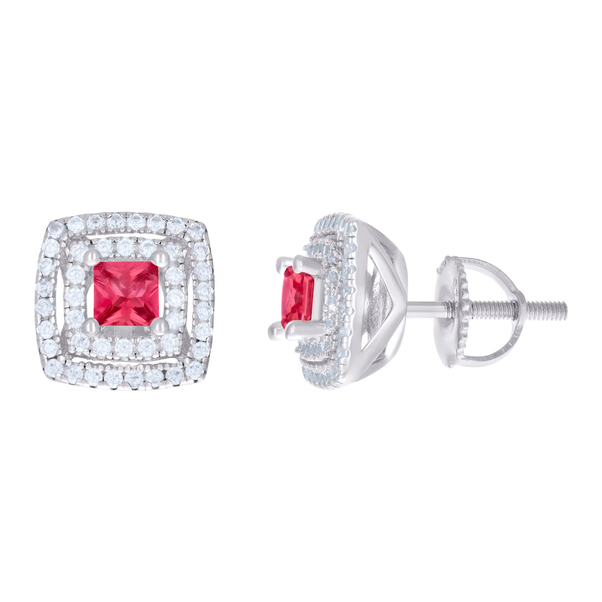 925 Sterling Silver Womens Red White Princess-Cut Round Cubic-Zirconia Square Stud Earrings