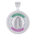 925 Sterling Silver Womens Pink/Green White Cubic-Zirconia Guadalupe Religious Charm Pendant