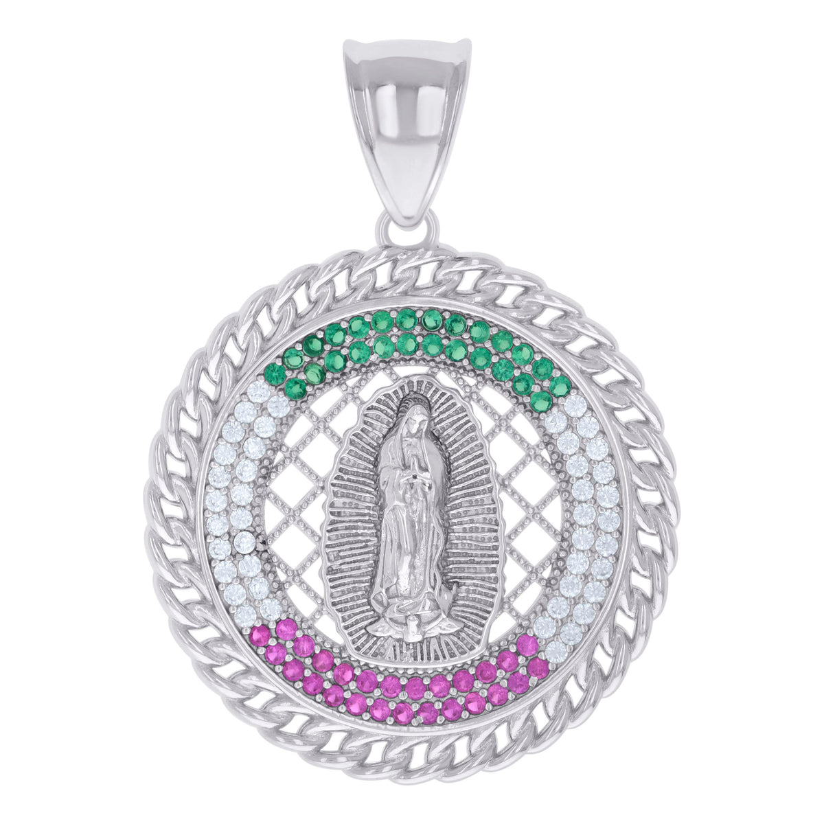 925 Sterling Silver Womens Pink/Green White Cubic-Zirconia Guadalupe Religious Charm Pendant