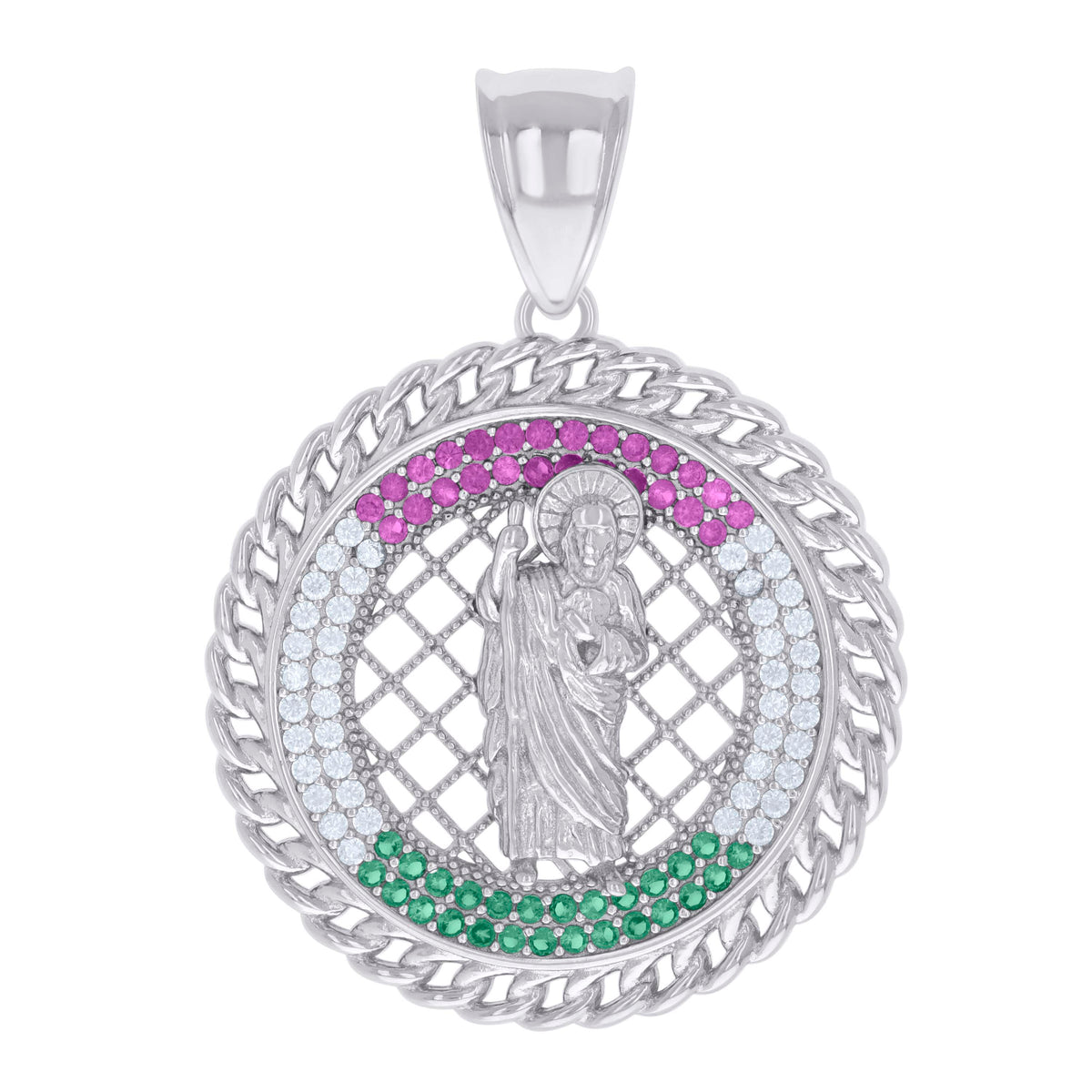 925 Sterling Silver Mens Pink/Green White Cubic-Zirconia St. Jude Religious Charm Pendant
