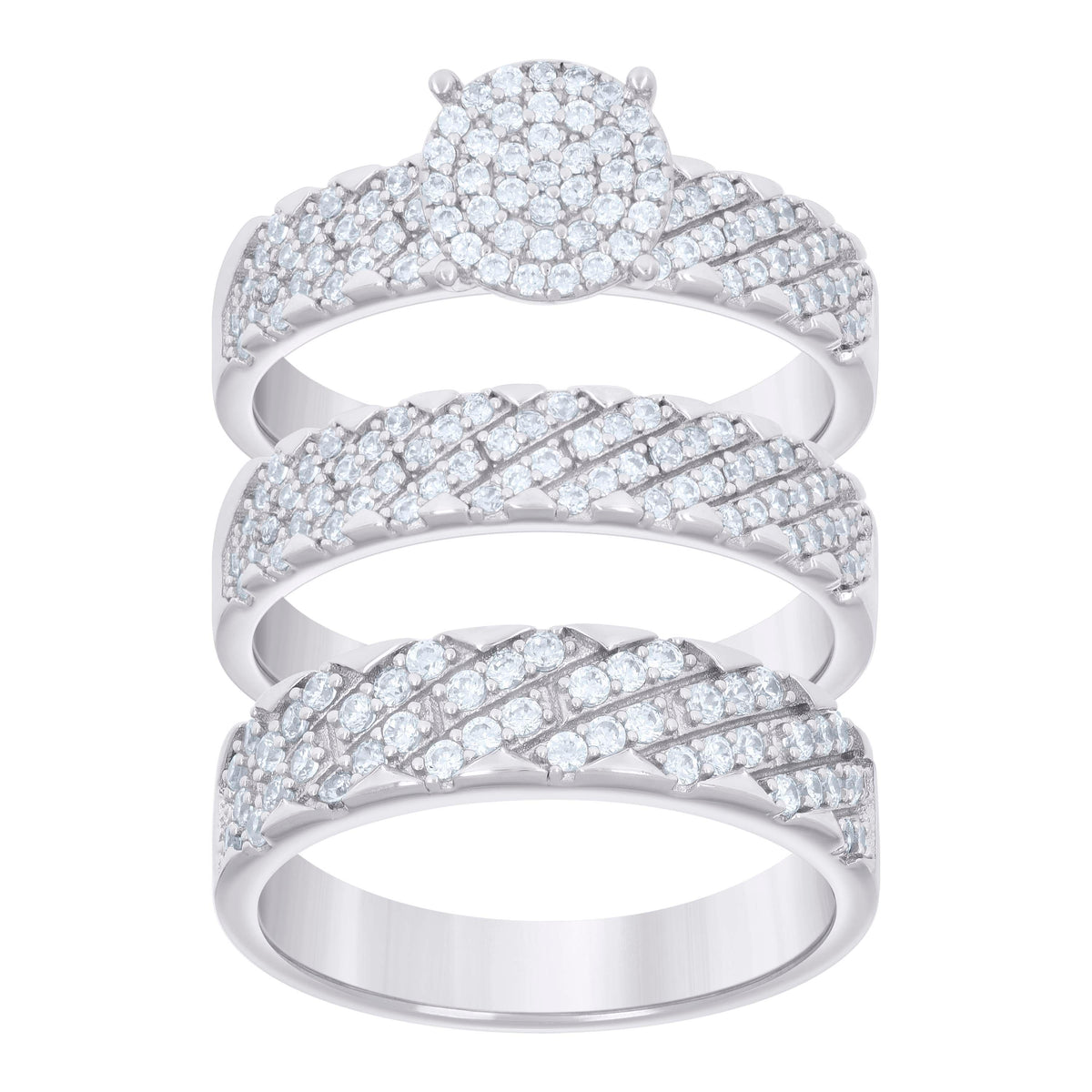 925 Sterling Silver Cubic-Zirconia His & Hers Trio Ring Set Size 9