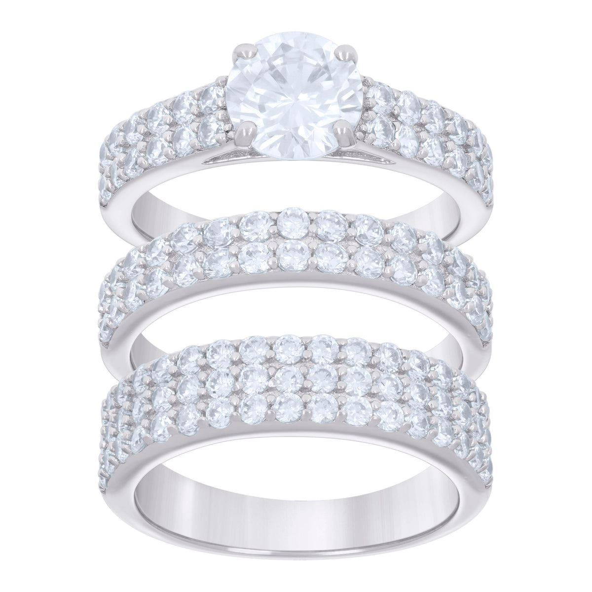 925 Sterling Silver Cubic-Zirconia His & Hers Trio Ring Set Size 7