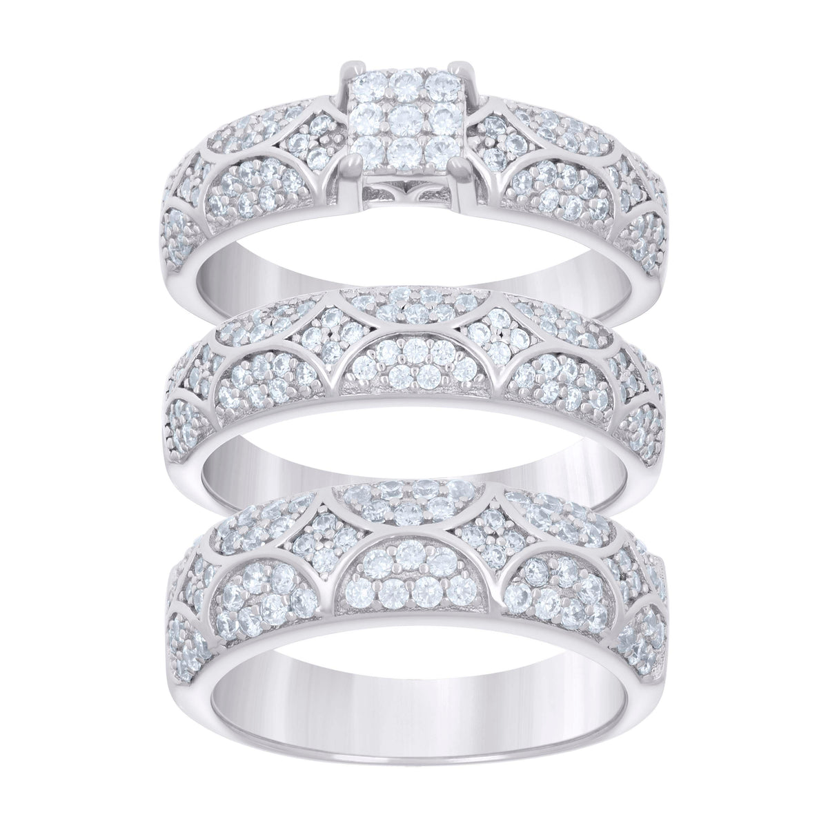 925 Sterling Silver Cubic-Zirconia His & Hers Trio Ring Set Size 9